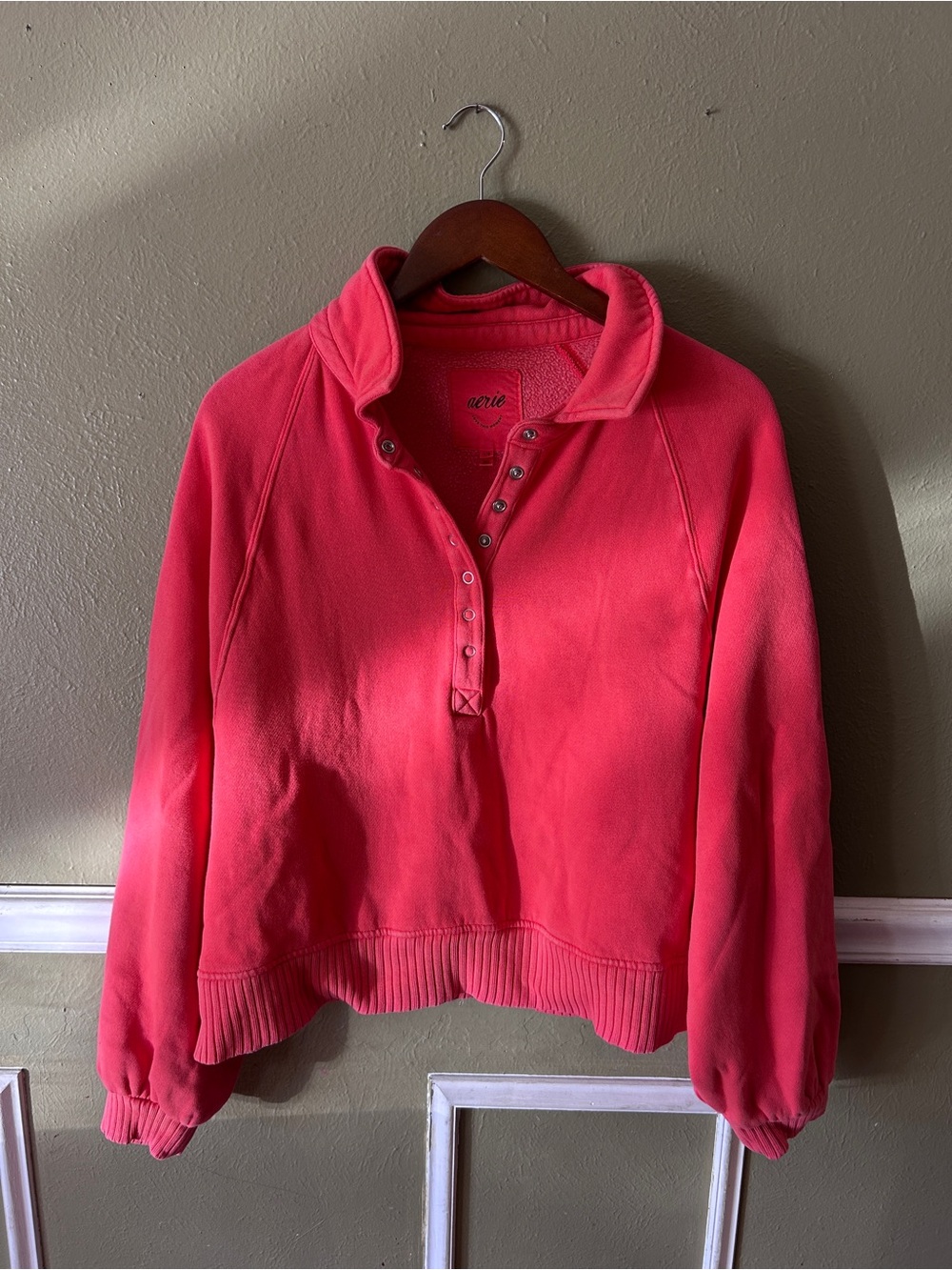 aerie coral Pink Snap-Placket Fleece Pullover preppy Athleisure cozy large